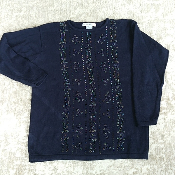 Victoria Jones Beaded Floral Tunic Sweater L Navy Blue - Picture 12 of 16